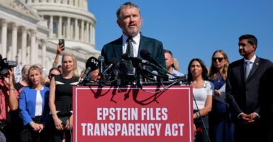 Outside the Capitol, Rep. Thomas Massie, R-Ky., advocates for the release of files on Jeffrey Epstein.