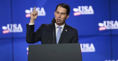 Then-Wisconsin Gov. Scott Walker is seen here speaking in Mount Pleasant, Wis., on June 28, 2018.