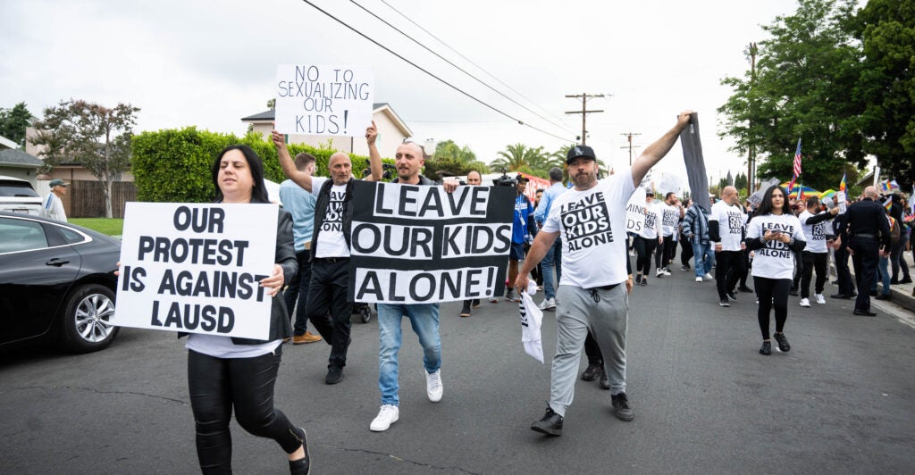 Armenian parents and their supporters protest a Pride assembly at Saticoy Elementary School in North Hollywood on Friday, June 2, 2023.