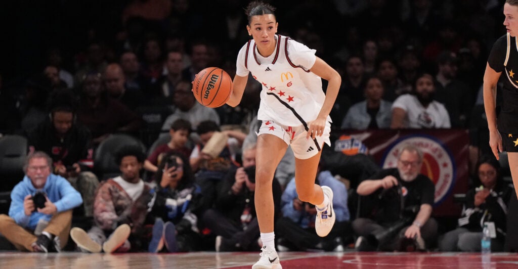 West Team Jazzy Davidson (6) in action, dribbles vs East Team during the game at Barclays Center.