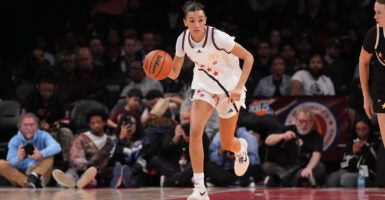 West Team Jazzy Davidson (6) in action, dribbles vs East Team during the game at Barclays Center.