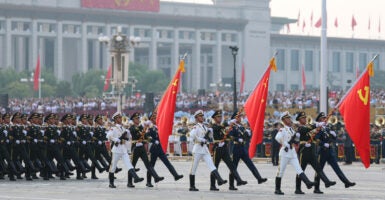 Soldiers rehearse prior to the military parade.