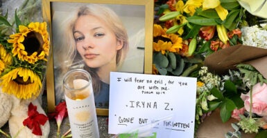 A makeshift memorial at a light-rail station in Charlotte, North Carolina, honors Iryna Zarutska, who was fatally stabbed Aug. 22 on a train there.
