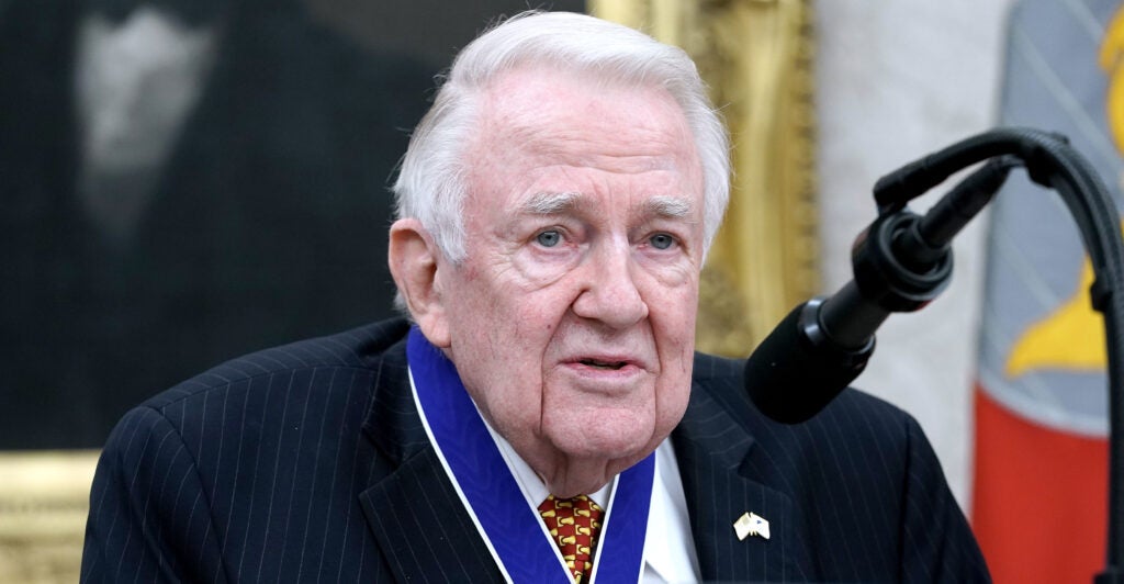 Former Attorney General Edwin Meese delivers remarks after being awarded the National Medal of Freedom.