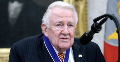 Former Attorney General Edwin Meese delivers remarks after being awarded the National Medal of Freedom.