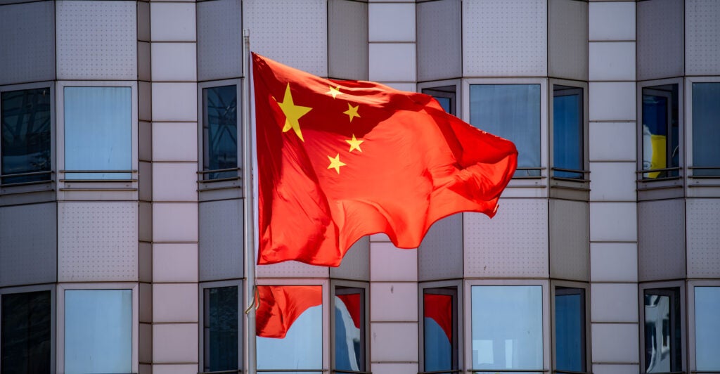 The flag of the People's Republic of China is flying in front of the Chinese Embassy in Berlin, Germany, on May 15, 2024.