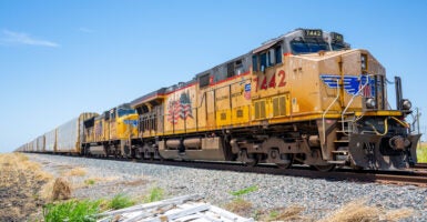 A Union Pacific freight train travels on July 29, 2025 in Hutto, Texas.