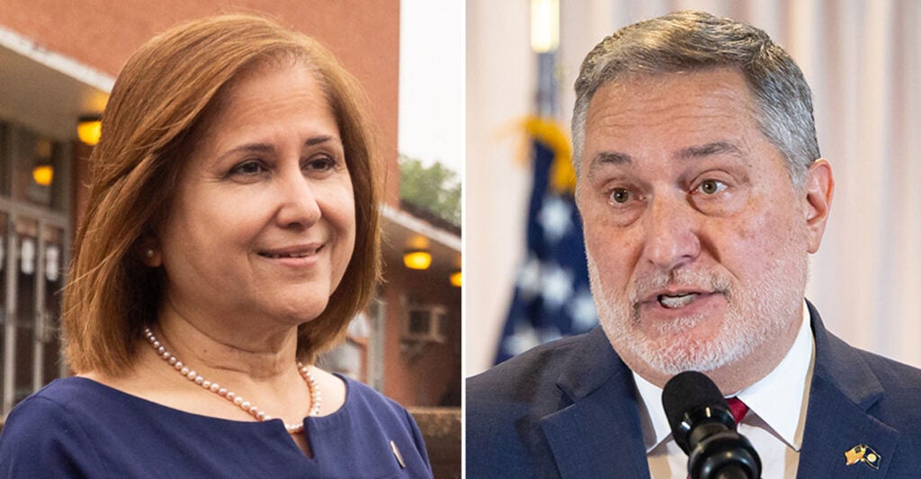 Side-by-side portrait photos of Ghazala Hashmi and John Reid