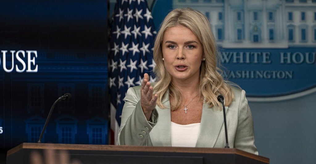 White House press secretary Karoline Leavitt at her lectern during a press briefing
