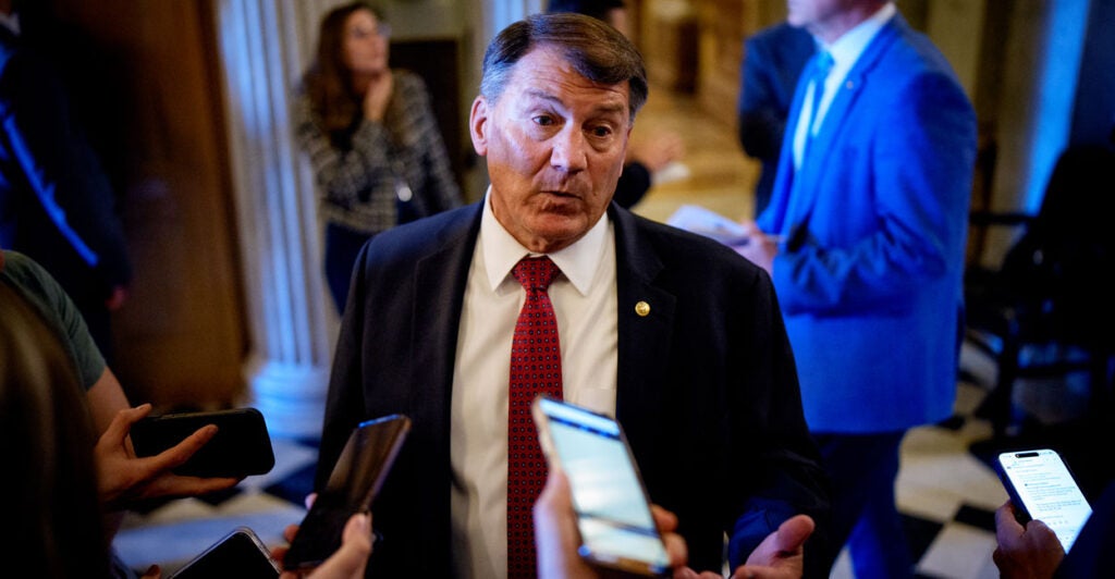 Sen. Mike Rounds, R-S.D., speaks to reporters outside the Senate Chamber on Monday.