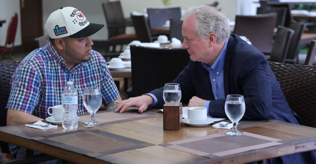 Sen. Chris Van Hollen, D-Md., traveled April 17 to a prison in San Salvador, El Salvador, to meet with Kilmar Armando Abrego Garcia, who had been deported there from Maryland.