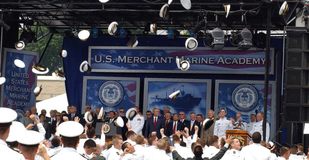 The graduation ceremony at the U.S. Merchant Marine Academy at Kings Point, N.Y.