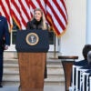 President Donald Trump and Erika Kirk, Charlie Kirk's widow, participate in a Presidential Medal of Freedom ceremony honoring the late conservative activist in the Rose Garden of the White House on Tuesday.