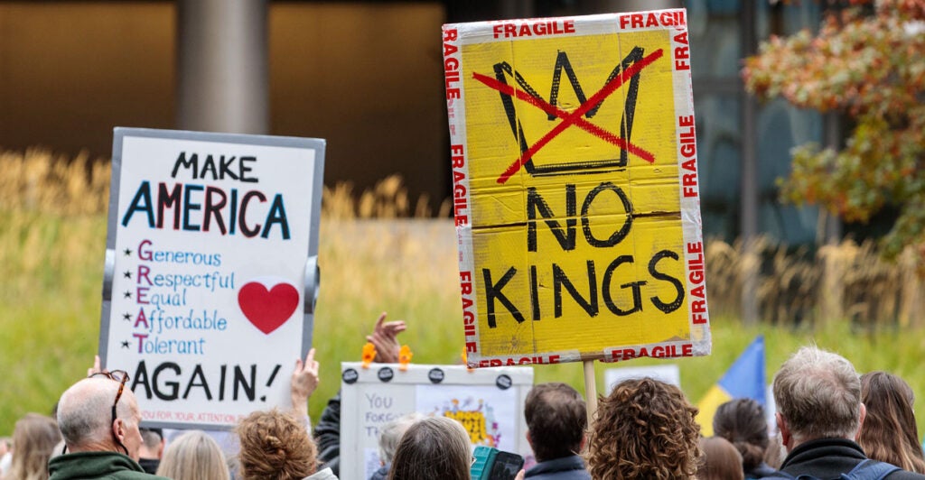 The group Democrats Abroad takes part in a “No Tyrants” event outside the U.S. Embassy in London on Saturday. The event, organized to coincide with anti-Trump “No Kings” events in the U.S., was renamed as "No Tyrants" because, ironically, the United Kingdom has a king.