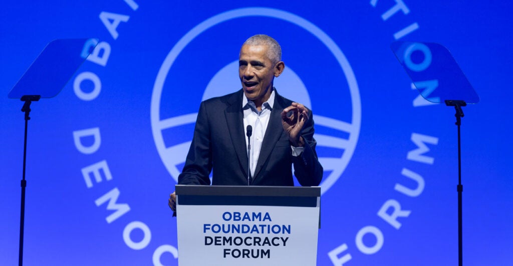 Former President Barack Obama addresses the Obama Foundation's 2024 Democracy Forum on Dec. 5, 2024, in Chicago.