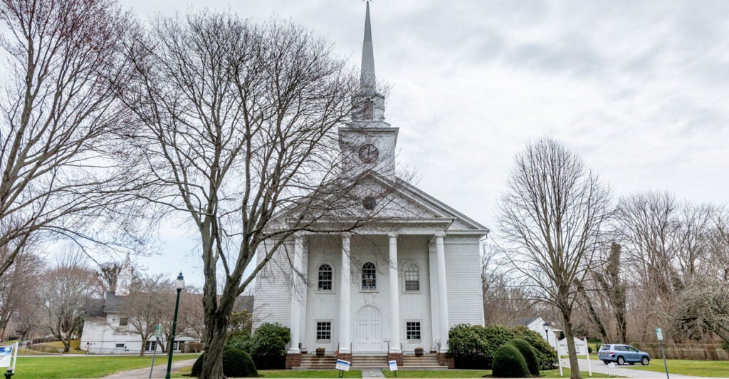 The First Presbyterian Church of East Hampton in East Hampton, N.Y., built in 1861 with a bell tower and steeple added a century later.