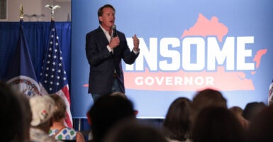 Republican Virginia Gov. Glenn Youngkin is seen here campaigning for his would-be successor, Lt. Gov. Winsome Earle-Sears, on July 1 in Vienna, Virginia.