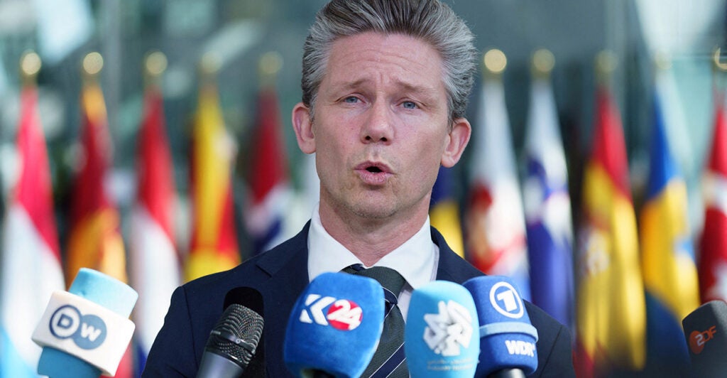 Swedish Minister of Defense Pal Jonson speaks at a meeting of NATO defense ministers in Brussels, Belgium, on June 13, 2024.