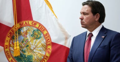 Profile shot of Ron DeSantis against the backdrop of the state flag of Florida.