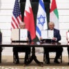 Against a backdrops from the four nations involved, Foreign Affairs Minister of Bahrain Abdullatif bin Rashid Al Zayani; Prime Minister of Israel Benjamin Netanyahu; President Donald Trump; and Foreign Affairs Minister of the United Arab Emirates Abdullah bin Zayed bin Sultan Al Nahyan participate in the signing ceremony of the Abraham Accords on the South Lawn of the White House on Sept. 15, 2020.