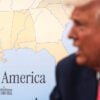 Profile of President Trump in front of a Map of the Gulf of America, as he focuses on order in the Americas.