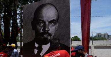 A poster of Vladimir Lenin during a May Day rally in Sri Lanka.