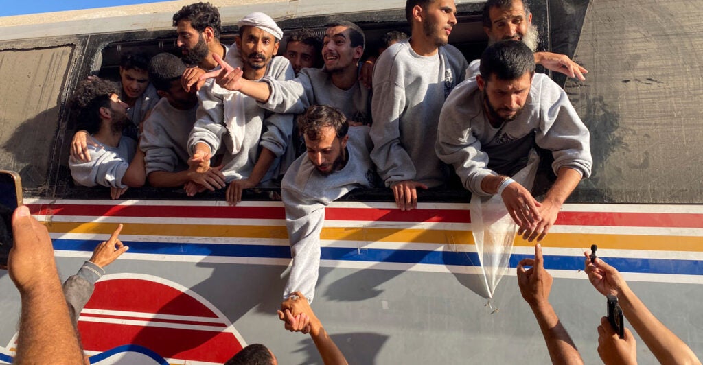 Palestinians released from Israeli prisons enter Gaza on Oct. 13.