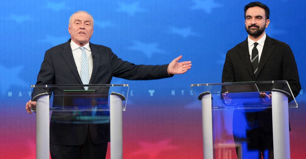 Curtis Sliwa gestures toward Zohran Mamdani during their Oct. 16 debate.