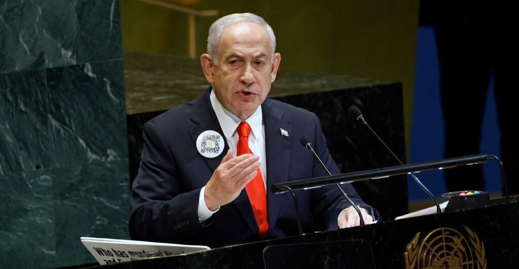 Israeli Prime Minister Benjamin Netanyahu speaks to the U.N. General Assembly in New York City on Sept. 26.