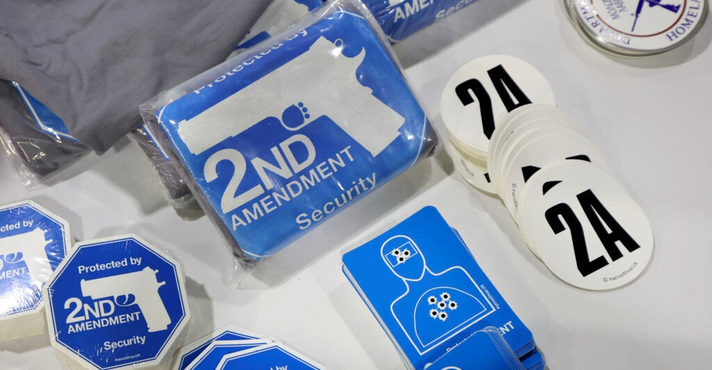 2nd Amendment stickers sit on a table at the 2025 NRA Annual Meetings.