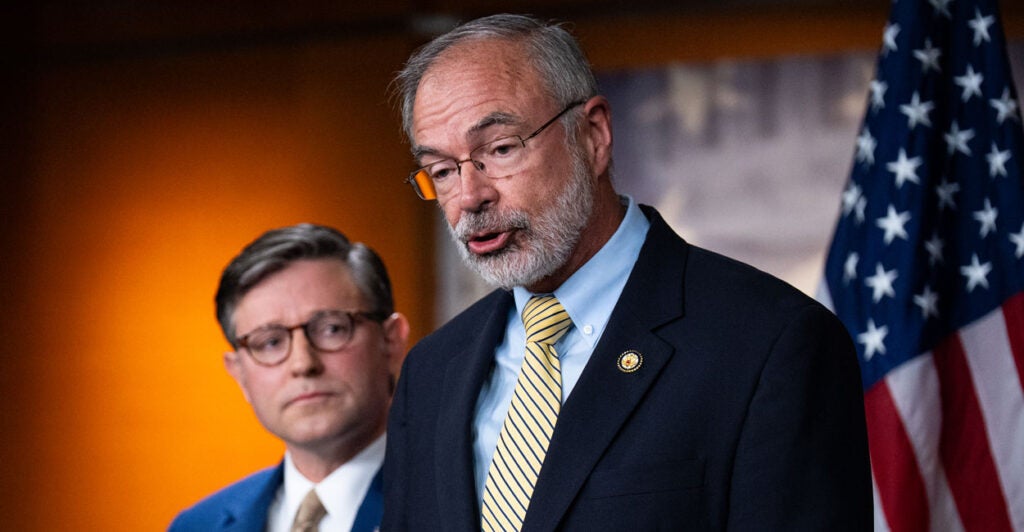 Speaker of the House Mike Johnson (left) and Freedom Caucus Chairman Rep. Andy Harris speak at a joint press conference on the government shutdown.