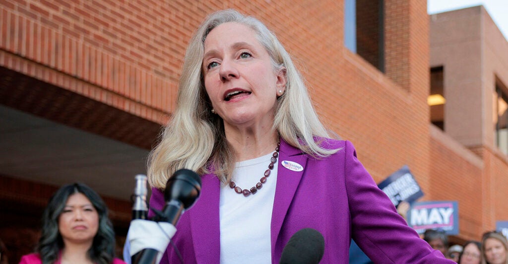 Abigail Spanberger in blue and white