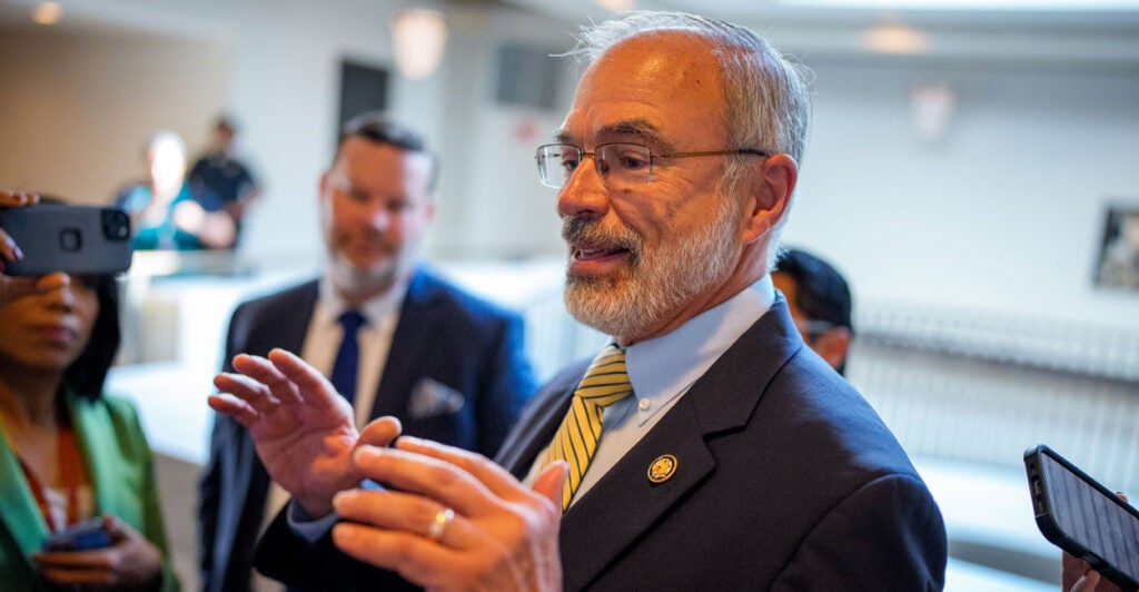 House Freedom Caucus Chairman Rep. Andy Harris of Maryland speaks to reporters in the Capitol.