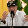 Colombia's President Gustavo Petro delivers a speech during a ceremony to destroy war material in Puerto Asis, Colombia on October 15