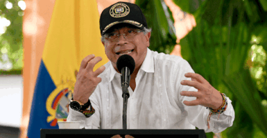 Colombia's President Gustavo Petro delivers a speech during a ceremony to destroy war material in Puerto Asis, Colombia on October 15