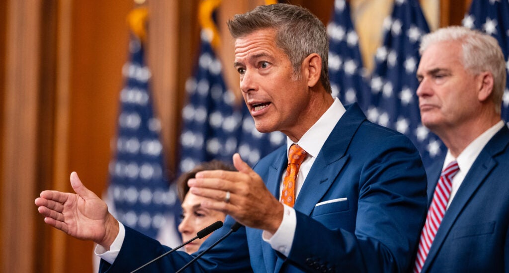 U.S. Secretary of Transportation Sean Duffy speaks alongside Representative Lisa McClain and Representative Tom Emmer during a press conference on air traffic controller pay and the government shutdown at the U.S. Capitol on October 23, 2025 in Washington, DC.