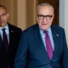 House Minority Leader Hakeem Jeffries (left) and Senate Minority Leader Chuck Schumer, both D-N.Y., walk through the Capitol.