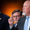 From left, House Freedom Caucus Chairman Rep. Andy Harris, R-Md.; Speaker of the House Mike Johnson, R-La.; and Rep. Chip Roy, R-Texas
