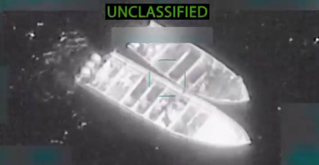 Screen shot from a Department of War video showing two boats.