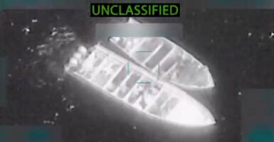 Screen shot from a Department of War video showing two boats.