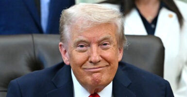 President Trump smirks in the Oval Office at the white house.