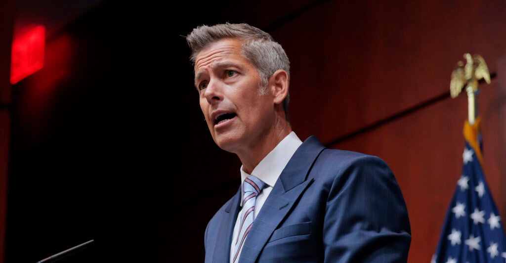 Transportation Secretary Sean Duffy speaks at a news conference