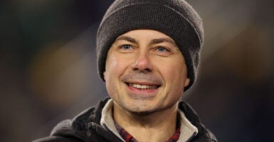 Former Sec. of Transportation Pete Buttigieg looks on prior to the Playoff First Round game between the Indiana Hoosiers and the Notre Dame Fighting Irish at Notre Dame Stadium on Dec. 20, 2024.