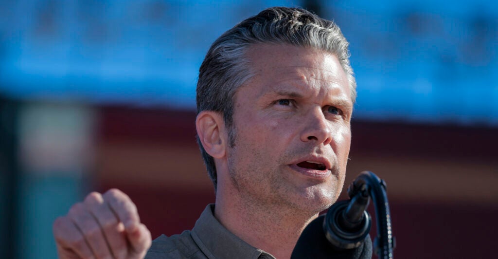 U.S. Secretary of War Pete Hegseth speaks at the United States Marine Corps 250th birthday celebration at Marine Corps Base Camp Pendleton on October 18, 2025 in Oceanside, California.