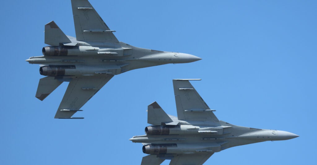 J-16 fighter jets perform in the sky