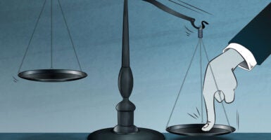 Graphic of finger pushing down the scales of justice.