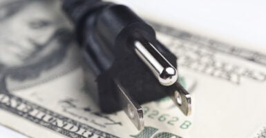 An electric plug atop a $100 bill.