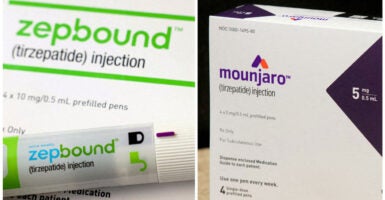 A combination image shows an injection pen of Zepbound and a box of Mounjaro.