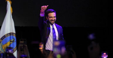 Zohran Mamdani celebrates during an election night event at the Brooklyn Paramount Theater in Brooklyn, New York.