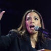 Alexandria Ocasio Cortez speaks at a Zohran Mamdani rally.